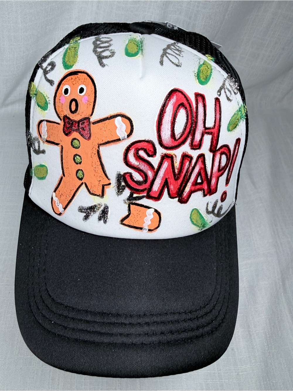 Custom Hand Painted Christmas Gingerbread Man Hat Oh Snap Black Trucker Mesh Cap